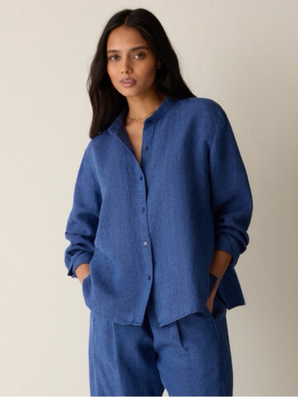 Eileen Fisher Washed Organic Linen Delave Band Collar Shirt in Deep Dive PM. NWT